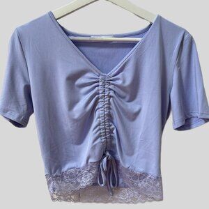 ROMWE PERIWINKLE V-NECK LOW CUT CROPPED TOP WITH LACE & RUCHING SIZE M